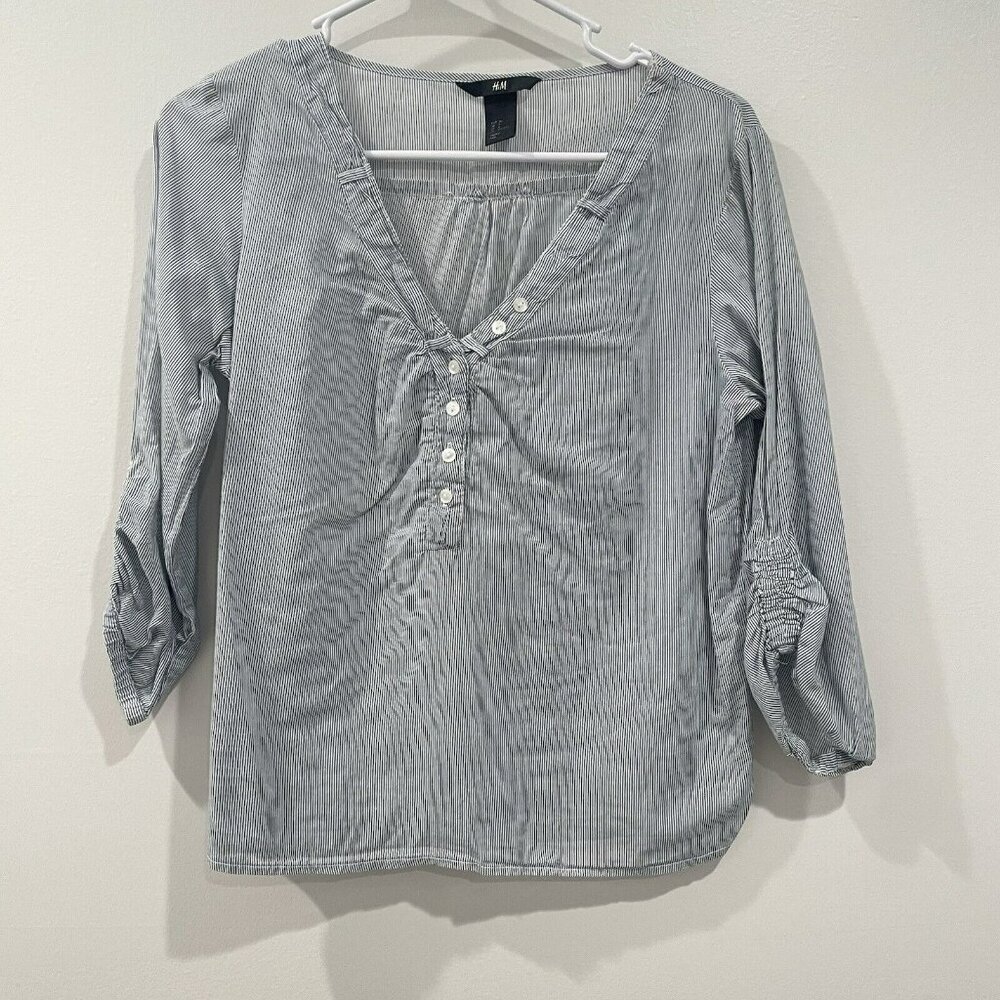 H&M Blue White Striped 3/4 Gathered Sleeve Blouse Size 6